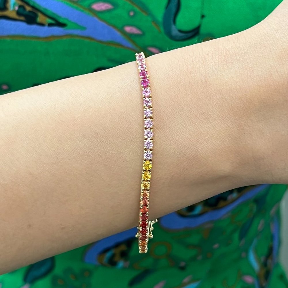 Natural Multi Sapphire Rainbow Tennis Bracelet 14K Yellow Gold 7.00Cttw 7 Inches
